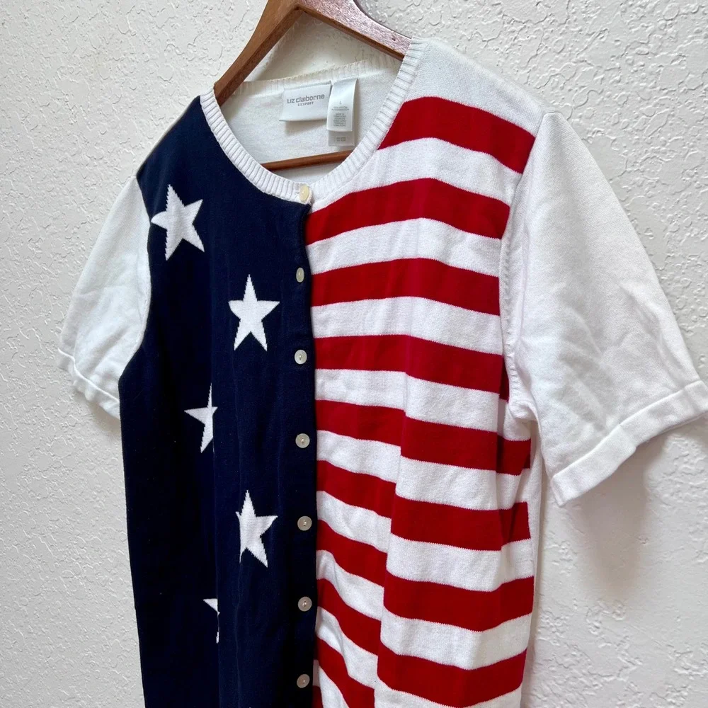 Liz Claiborne Lizsport Womens American Flag Cardigan Sweater Stars Stripes Large - Picture 2 of 4